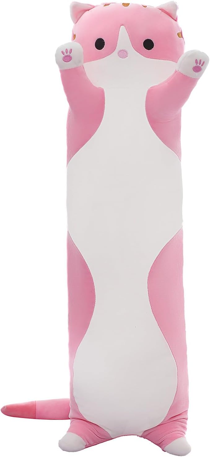 Cute Cat Plush Long Body Pillow – Soft Cartoon Stuffed Animal Doll, Kawaii Cat Plushie Cuddle Toy for Kids, Girls & Girlfriend (Pink, 43.3 Inch)