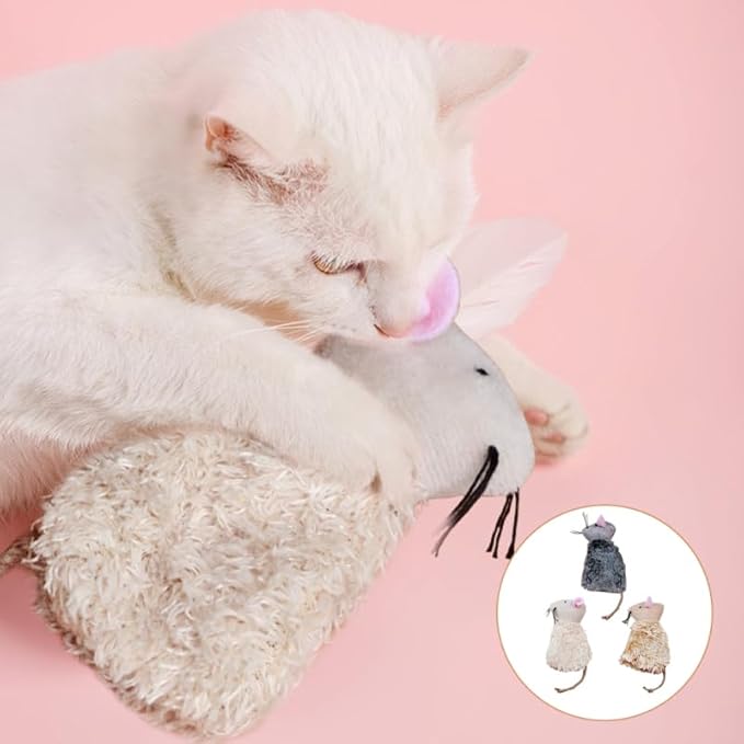 Ipetboom Refillable Catnip Toys for Cats - 3 Pack Interactive Cat Chew Toys for Indoor with Natural Long Fur and Jute Tail, Durable Plush Mouse Pet Fun Tool for Hunting and Boredom Relief