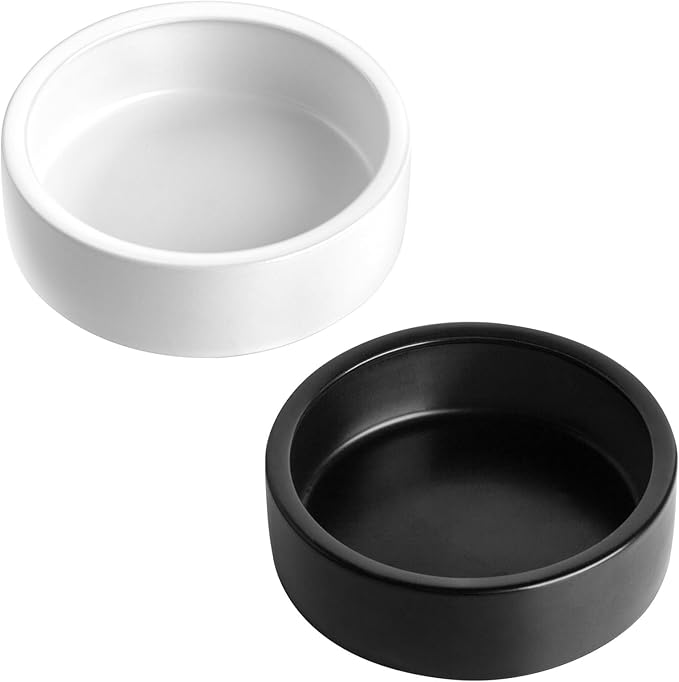 2 Pack Ceramic Bowls for Syrian Hamster & Hedgehog, 3.9" Diameter, Shallow Chew-Proof Dish, Non-Slip Base, Easy to Clean (White + Black)