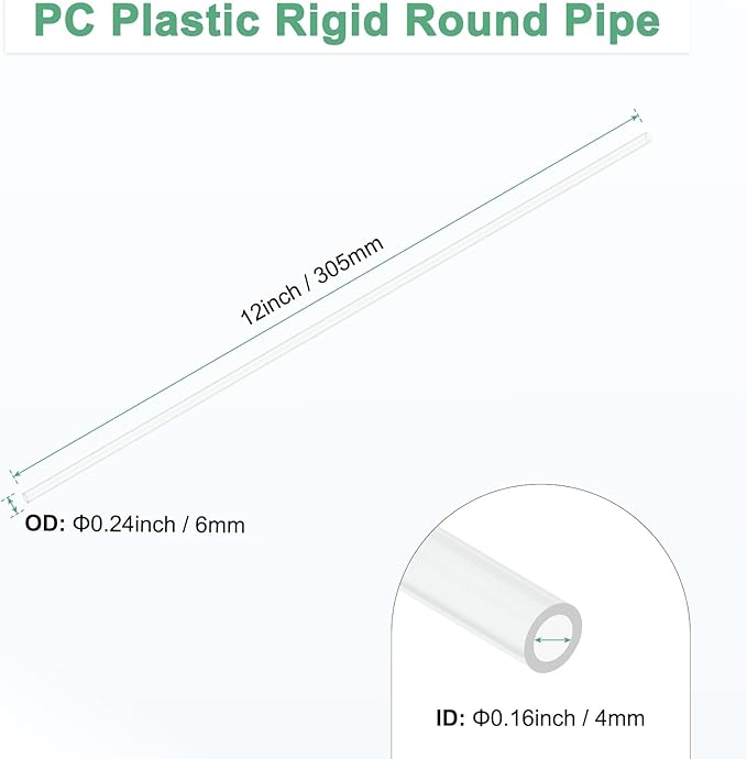 M METERXITY 1-Pack Clear Plastic Tube, 4mm[0.16"] ID x 6mm[0.24"] OD High Impact Rigid Polycarbonate Round Pipes for Water Plumbing/Lighting/Aquariums/Models, Plastic Tubing [305mm/12IN]