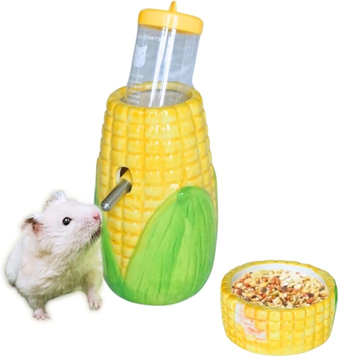 Corn Ceramic Hamster Water Bottle Stand with Food Bowl, Syrian, Gerbil, mice Water Bottles with Holder Water Feeder for Small Animals, Hamster Cage Accessories
