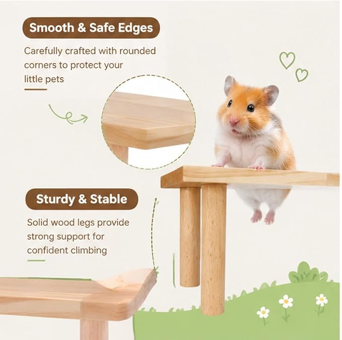 Hamster Play Platform Wooden Cage Accessory for Small Hamsters, Natural Multi-Level Climbing Playground & Rest Area, Enrichment Habitat Decor for Dwarf Syrian Hamsters