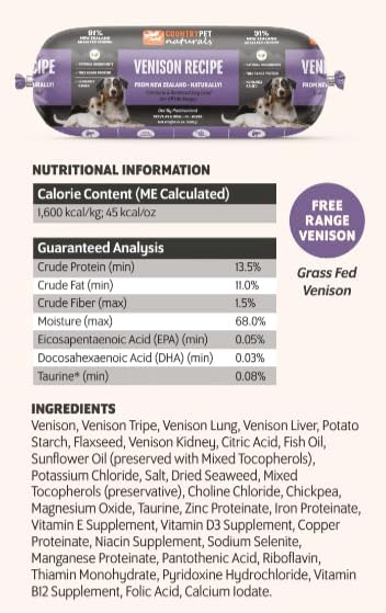 New Zealand Venison Frozen Fresh Dog Food, High-Protein 91% Grass-Fed Free-Range Meat, Gently Cooked, Grain-Free, Omega-3s, 8 Rolls (12 lb Case)