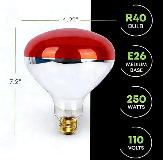 250 Watts R40 Red Heat Lamps Outdoor Bulbs,Reflector Heat Bulbs for Brooder Heater， Incandescent Spotlight for Pet, Bathroom, Food， E26, 120V, Efficient for Heating and Lighting，2 Pack.