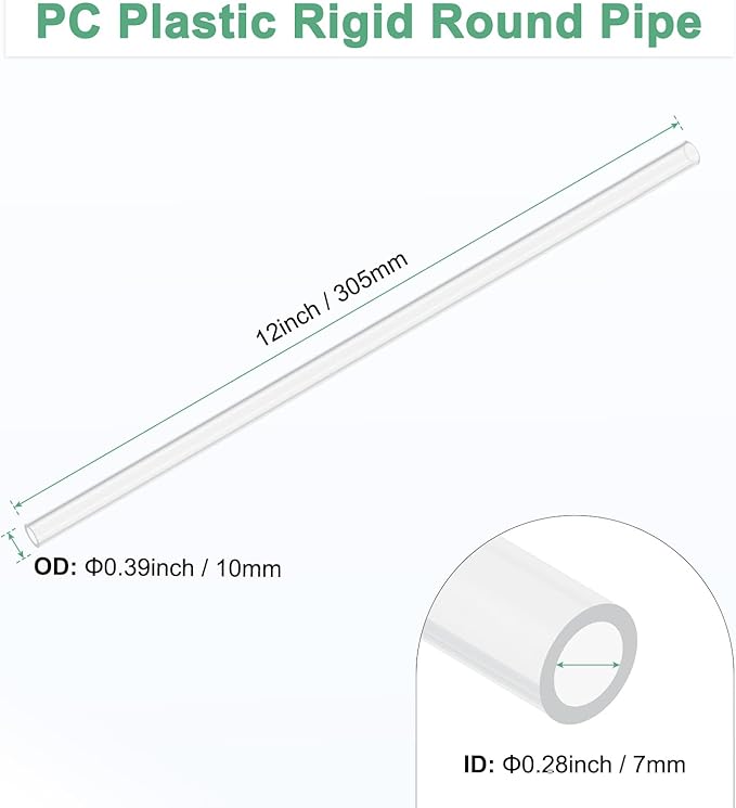 M METERXITY Clear Plastic Tube, 7mm[0.28"] ID x 10mm[0.39"] OD High Impact Rigid Polycarbonate Round Pipes for Water Plumbing/Lighting/Aquariums/Models, Plastic Tubing [305mm/12IN]