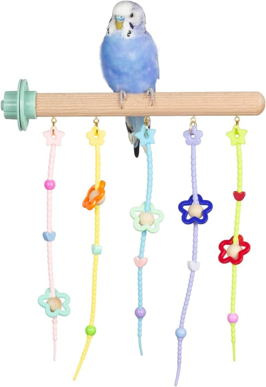 Natural Wood Bird Perch with Chewing Toy - Hanging Rainbow Strips, Beads & Charms for Parakeets Cockatiels Conures Cage Accessories