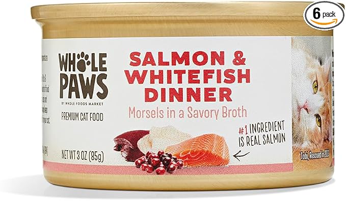 Whole Paws, Wet Cat Food, Salmon & Whitefish Dinner in Savory Broth, 3 Ounce (Pack of 6)