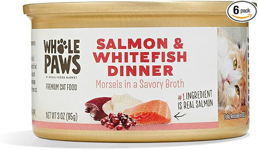Whole Paws, Wet Cat Food, Salmon & Whitefish Dinner in Savory Broth, 3 Ounce (Pack of 6)