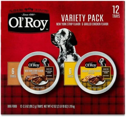 Ol's~Roys Grain-Free Wet Dog Food Variety Pack ~ 12 Count ~ 3.5 Oz Cups ~ New York Strip & Grilled Chicken Flavor, No Corn Wheat or Soy, All Natural, No Artificial Colors or Flavors, Daily Feeding.
