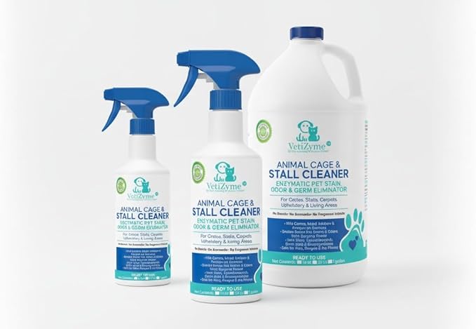 VetiZyme Animal Cage & Stall Cleaner – Natural Enzyme Cleaner & Odor Eliminator – Sanitizes, Disinfects & Remove Germs, Bacteria, Mold & Mildew – Non Toxic, Safe for Pets, Livestock & Facilities