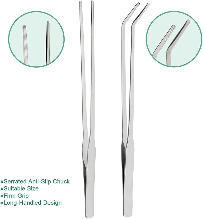 Syn-zer Reptile Feeding Tongs, 10.6" Straight & Curved | 2 Pcs Stainless Steel, Rustproof, Aquarium, Terrarium, Reptile, Bearded Dragon, Snake, Lizard, Crafts, Planting