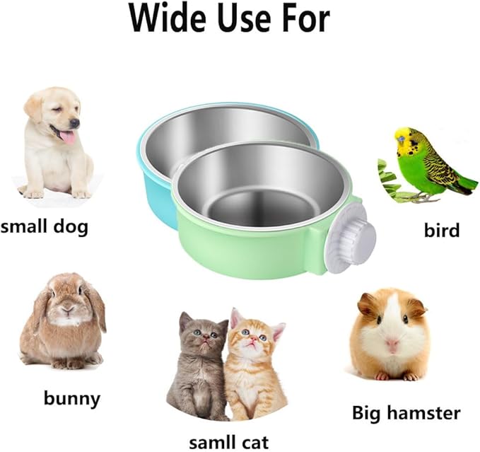 Rabbit Bowls Set, Big Pet Bunny Food Bowls Small Animals Cage Bowl and Stainless Steel Hanging Water Food Feeder Bowls for Big Bunny Food Dish (2 PCS)