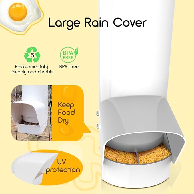 Automatic Chicken Feeder, 7lb Large PVC No Waste Chicken Feeder with Rain Cover, Weatherproof Solid Built Poultry Feeder, Easy to Install & Clean, Ideal for 4-6 Chickens