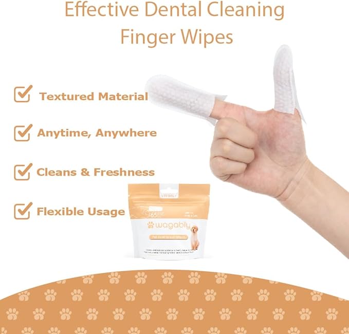 Pet Dental Wipes for Dogs and Cats - Eliminate Bad Breath, Plaque, and Tartar - Finger Toothbrush Design - Cleans Ears, Eyes Tear Mark and Paws - 65 Disposable Wipes - No Rinsing Needed
