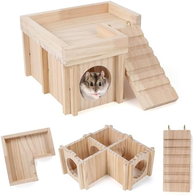 Wooden Hamster Hiding Place with Hamster Bowl Ladder and Detachable Platform, Suitable for Small Pets, Perfect for Hamsters, Rats, sandmice, mice and Other Small Animals