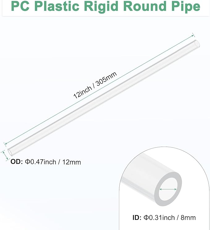 M METERXITY Clear Plastic Tube, 8mm[0.31"] ID x 12mm[0.47"] OD High Impact Rigid Polycarbonate Round Pipes for Water Plumbing/Lighting/Aquariums/Models, Plastic Tubing [305mm/12IN]
