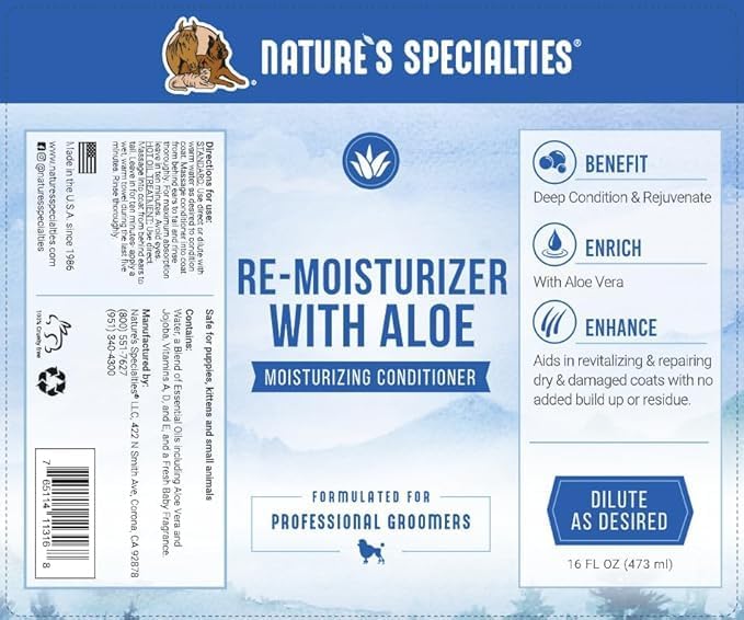 Nature's Specialties Re-moisturizer with Aloe Conditioner for Dogs Cats, Non-Toxic Biodegradeable, 32oz (package may vary)