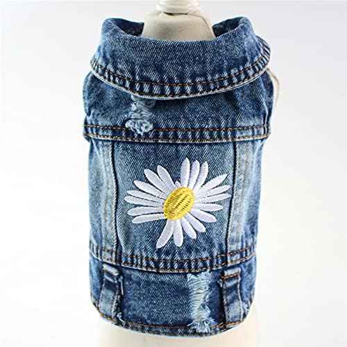 Dog Denim Jacket with Embroidered Daisy, Ripped Vintage Jean Vest for Small Dogs, Pugs, Chihuahuas, Spring Summer Fall Festival Outfit, XXL (Fits Chest 19-20.5", NOT for Large Dogs)