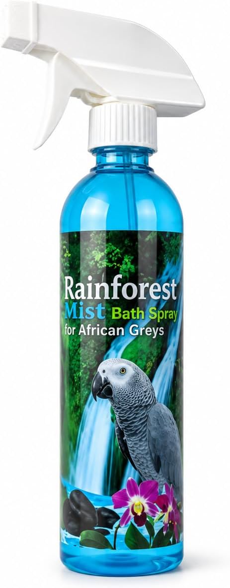 Kings Cages Rainforest Mist Feather Bath Spray for African Greys and Amazons 17oz Baby Powder Scent Condition Plumage Relieves Dry Itchy Skin Helps Prevent Feather Plucking