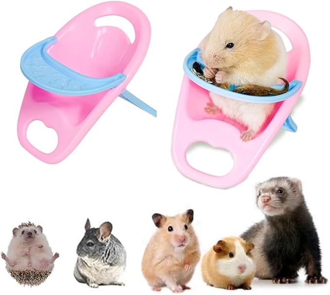 2PC Hamster Chair with Tray Super Cute Hamster Dining Plastic Chair Small Animal Cage Accessories Habitat Decor House Photo Props Small Animal Toys for Hamster Mice Rat Hedgehog Rodents (Pink)