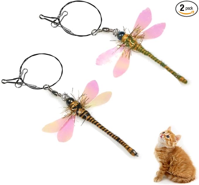 Cat Insect Feather Toys Replacement - 2 Pcs Handmade Natural Dragonfly - Cat Toy Wand Refills - Interactive Kitten Teaser Wand Attachments - Cat Toys for Indoor Cats Play