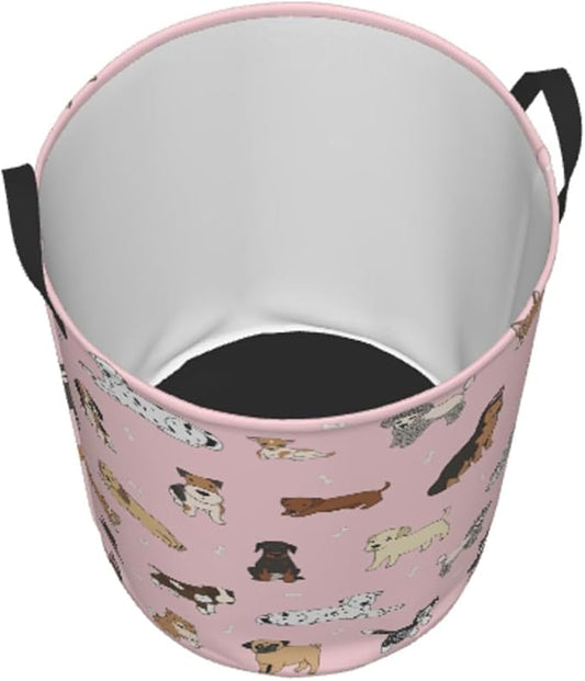 Cute Dog Pink Round Laundry Hamper Storage Basket Toys Clothes Organizer Bin For Home Bathroom Bedroom Dorm Nursery, 62l