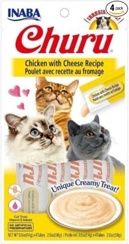INABA Churu Lickable Purée Natural Cat Treats (Chicken with Cheese Recipe, 4 Tubes)