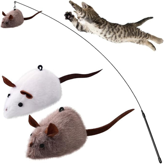 PAZ'S GIFT Cat Wand Toy, Mouse 2-piece Catnip wzggle Sound Toy, Soft and Durable, Interactive cat kick for Indoor Games
