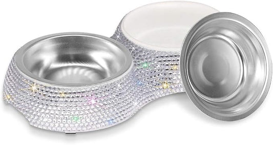 SAVORI Small Dog Bowls, Handmade Bling Rhinestones Stainless Steel Pet Bowls Double Food Water Feeder for Puppy Cats Dogs Cats (Silver-320ml)
