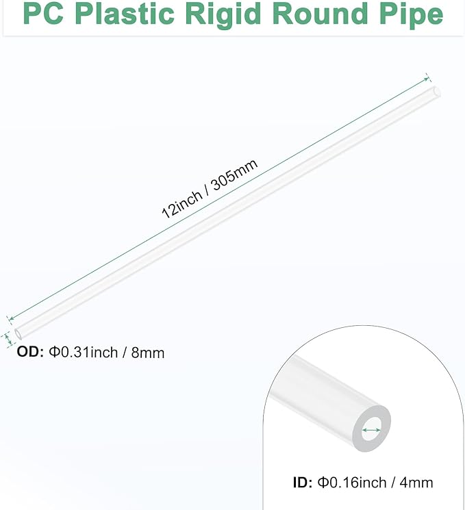 M METERXITY Clear Plastic Tube, 4mm[0.16"] ID x 8mm[0.31"] OD High Impact Rigid Polycarbonate Round Pipes for Water Plumbing/Lighting/Aquariums/Models, Plastic Tubing [305mm/12IN]