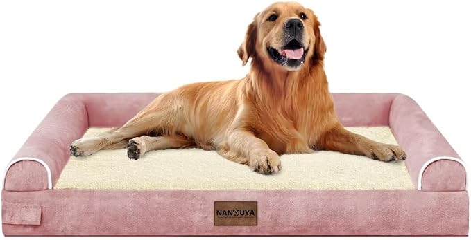 NANUYA Orthopedic Dog Bed for X-Large Dogs, 40 x 32 Inch, Pink | Egg crate foam for joint support, 3-sided bolster pet sofa, waterproof lining, washable cover, and non-skid base