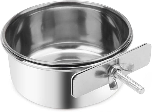 Pet Food Water Bowl with Clamp Holder Stainless Steel Coop Cup Hanging Feeder for Dog Bird Parrot Cat Rabbit (S)