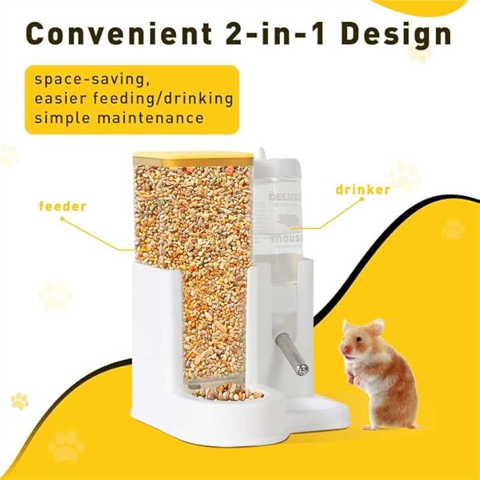 Hamster Water Bottle Standing Water Dispenser No Drip 2 in 1 Large Capacity Small Animal Automatic Food Bowl for Cage Accessories for Hamsters Gerbils Mice (Yellow, 5.91 in X 4.13 in X 4.33 in)