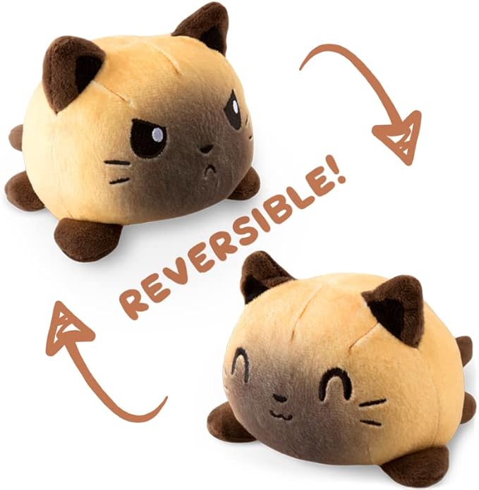 TeeTurtle Reversible Cat Plushie 4-Inch Siamese Two-Sided Flip Plush Toy with Embroidered Details - Cute Mini Collectible Plush for Kids, Teens, and Adults