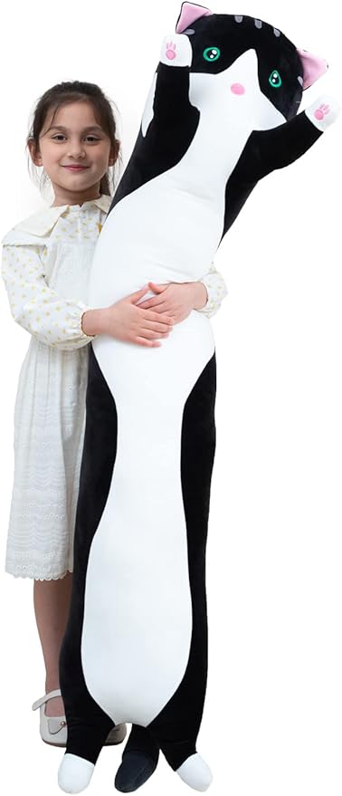 Giant Cat Pillow Plush Cartoon Kitty Sleeping Hugging Pillow, Cuddly Soft Long Kitten Body Pillow Doll Cat Cushion Toy for Kids Girlfriend (Black, 110cm/43.3inch)