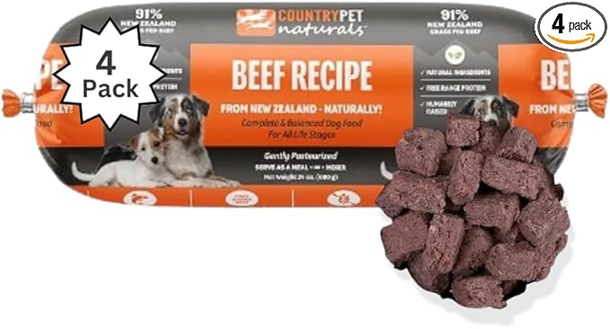 New Zealand Frozen Dog Rolls, Pasture-Raised & Free-Range, Gently Pasteurized Raw Dog Food, Protein-Rich, Natural & Healthy (4 Rolls, Beef)