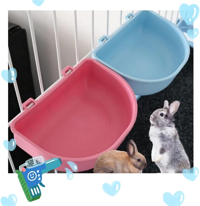 2 PcsRabbit Food Water Bowl, Guinea Pig Plastic Food Basin Dish, Chinchilla Hanging Portable Feeding Bowl (Pink and Blue)