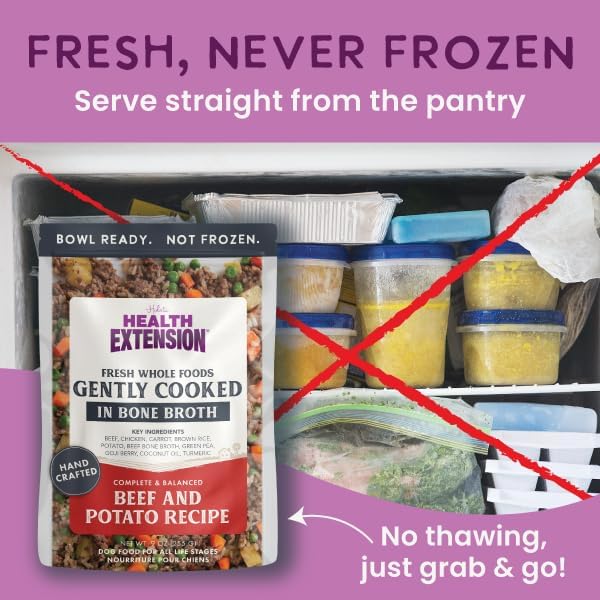 Health Extension Gently Cooked Beef & Potato Dog Food, Human-Grade & Shelf-Stable with Superfoods, Supports Digestion, Immunity, Skin & Coat, 3 oz Pouch (Pack of 20)