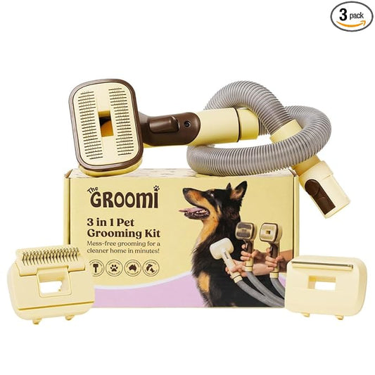 GROOMI Vacuum Pet Brush Kit – 3‑in‑1 Dog & Cat Grooming Tool, Self‑Cleaning Deshedding Brush & Pet Hair Remover, Universal Vacuum Attachment Including Dyson, Short, Medium & Long Fur, All Breeds