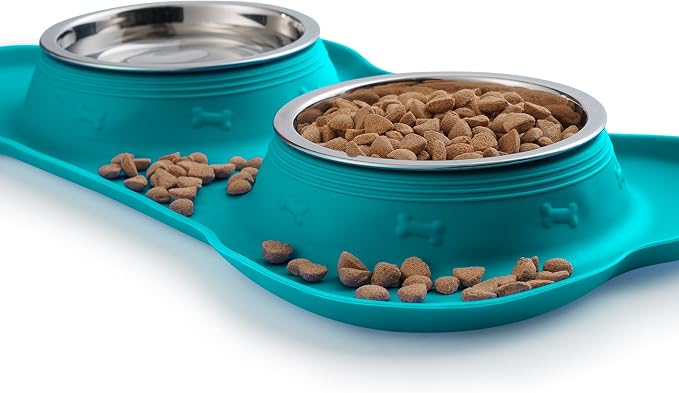 Hubulk Pet Dog Bowls 2 Stainless Steel Dog Bowl with No Spill Non-Skid Silicone Mat + Pet Food Scoop Water and Food Feeder Bowls for Feeding Small Medium Large Dogs Cats Puppies (Small, Green)