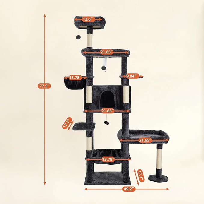 77.5 Inch Cat Tree with Bed, Hammock, Observation Deck, Plush Platform & Toy Ball for Indoor Cats (Grey)