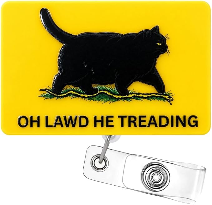 Funny Black Cat Meme Badge Reel Oh Lawd He Treading Retractable ID Name Tag Holder Clip Nurse Vet Tech Nursing Student Medical Hospital Healthcare Office Work Animal Lover Accessories Supplies