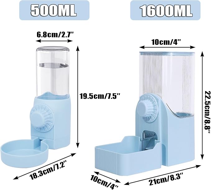 Automatic Rabbit Feeder and Water Dispenser Set,54oz Gravity Food Feeder&17oz Leak-Proof Water Bottle for Guinea Pigs,Hamsters,Chinchillas,Ferrets, Small Animals,Cage Mount Feeding Station Blue