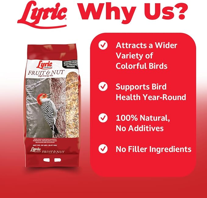 Lyric Fruit and Nut Wild Bird Seed - High Energy Wild Bird Food Mix - Attracts Woodpeckers, Chickadees & Other Songbirds - 10 lb. (pack of 2 - 5 lb bags)