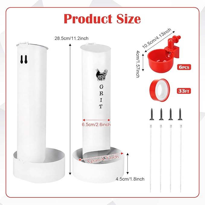 Chicken Oyster Shell Feeder and Grit Feeder and 6 Pcs Automatic Chicken Waterer Cup, Metal Hanging Poultry Feeders and Plastic Poultry Water Cup, Coop Accessories, White
