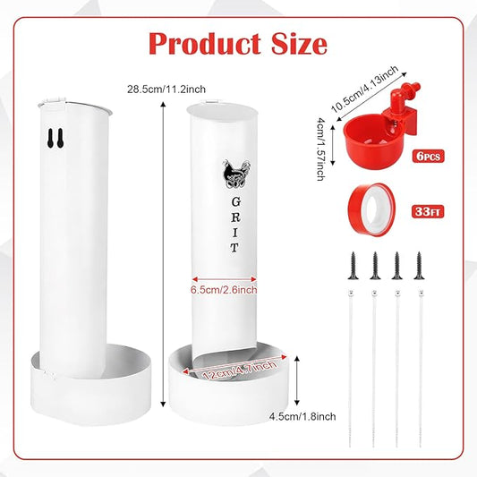 Chicken Oyster Shell Feeder and Grit Feeder and 6 Pcs Automatic Chicken Waterer Cup, Metal Hanging Poultry Feeders and Plastic Poultry Water Cup, Coop Accessories, White