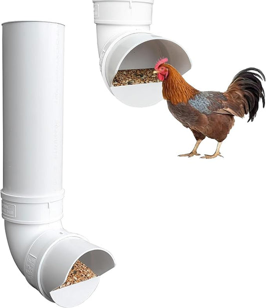 PVC Chicken Feeder,Outdoor Automatic Chicken Feeder,Chicken feeders no Waste,wall Mount Weatherproof Chicken Gravity Feeder (White)