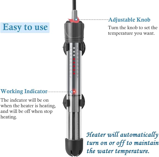 HITOP 50W Adjustable Aquarium Heater, Submersible Fish Tank Heater Thermostat with Suction Cups for 6-15Gal