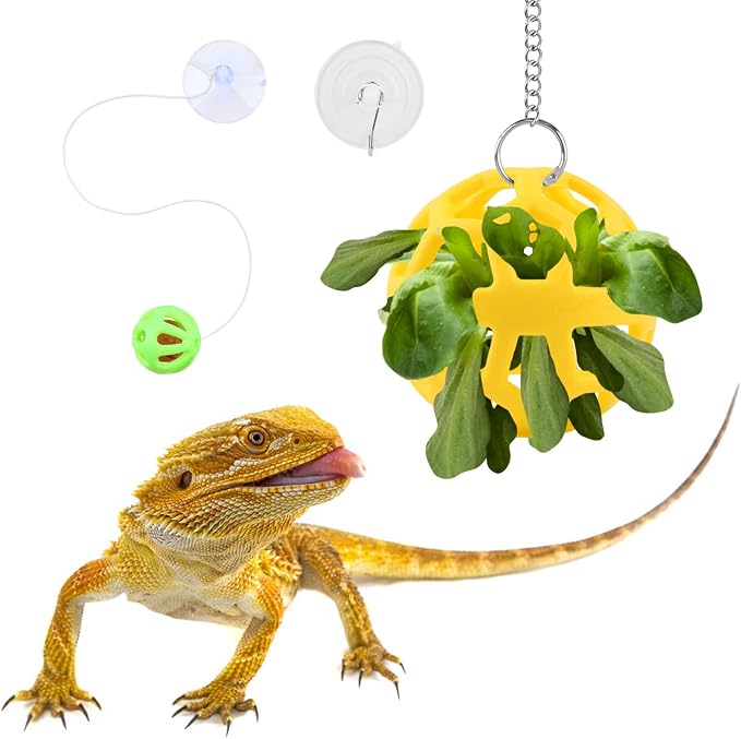 Bearded Dragon Enrichment Toys Feeder Ball Set, Vegetable Feeder Ball & Bell Ball, Exercise Balls Interactive Feed Toys Bells Reptile Tank Accessories for Reptile Lizard Gecko (Yellow)