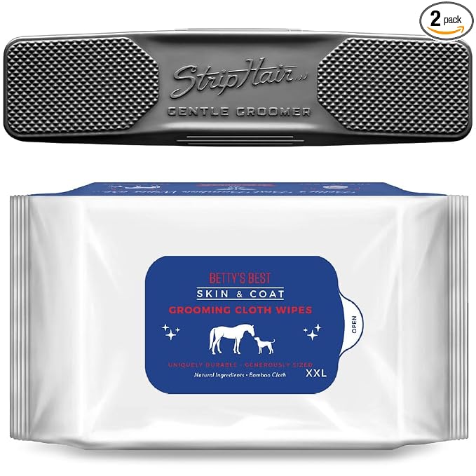 StripHair Horse Dog Grooming Set 2pc - Gentle Groomer 6-in-1 Shedding Coat Shine Massage Tool (original black) and Reusable Coat Care Cloth Wipes (12x12in)